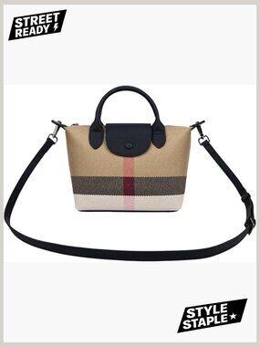 Vintage Plaid Mini Satchel Crossbody Purse with Genuine Leather Trim Adjustable